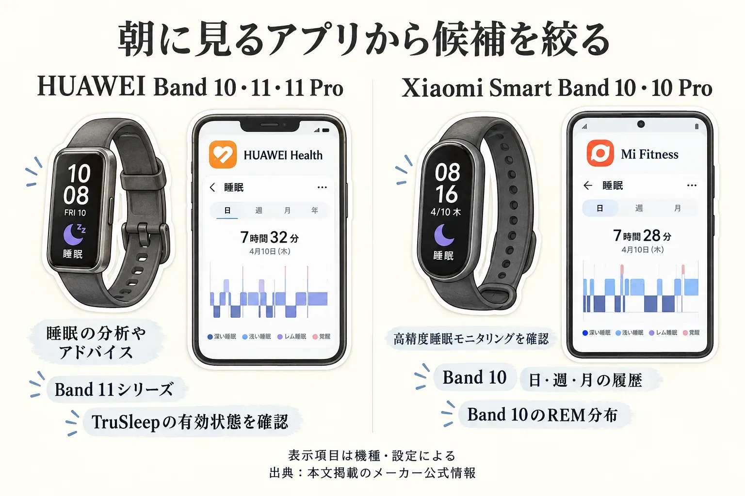 HUAWEI Band 10・11・11 ProのHUAWEI HealthとXiaomi Smart Band 10・10 ProのMi Fitnessを、バンドとスマホの睡眠グラフのイメージで比較する図。HUAWEIは睡眠の分析やアドバイス、Band 11シリーズのTruSleep有効状態を確認。XiaomiはBand 10の日・週・月の履歴とREM分布、高精度睡眠モニタリングを確認。表示項目は機種・設定による。出典：本文掲載のメーカー公式情報
